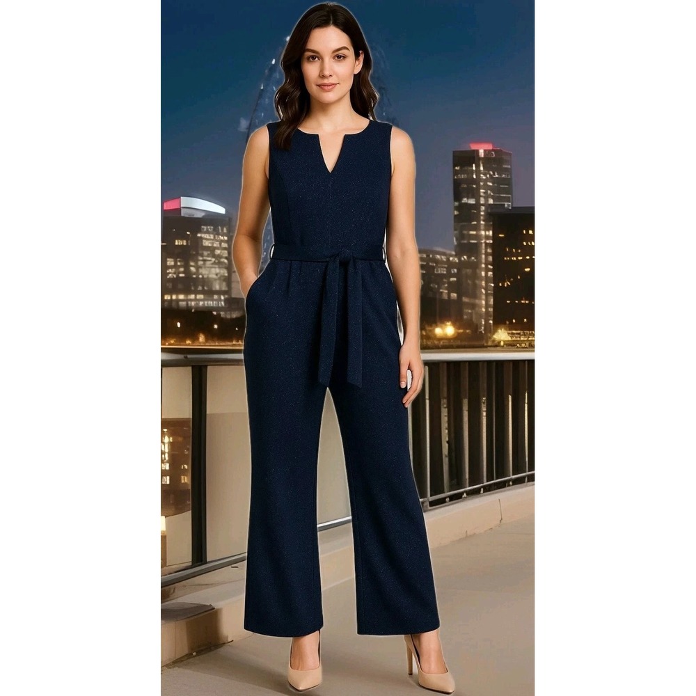 London Times Navy Metallic Sleeveless Jumpsuit Size 10 | Shimmer Wide-Leg Formal